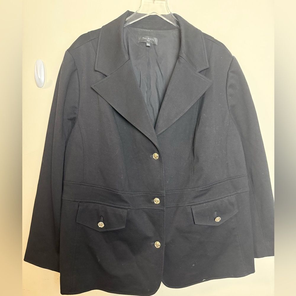 Talbots 24W Black DOUBLE KNIT TWILL BLAZER Gold Buttons Flap Pockets
